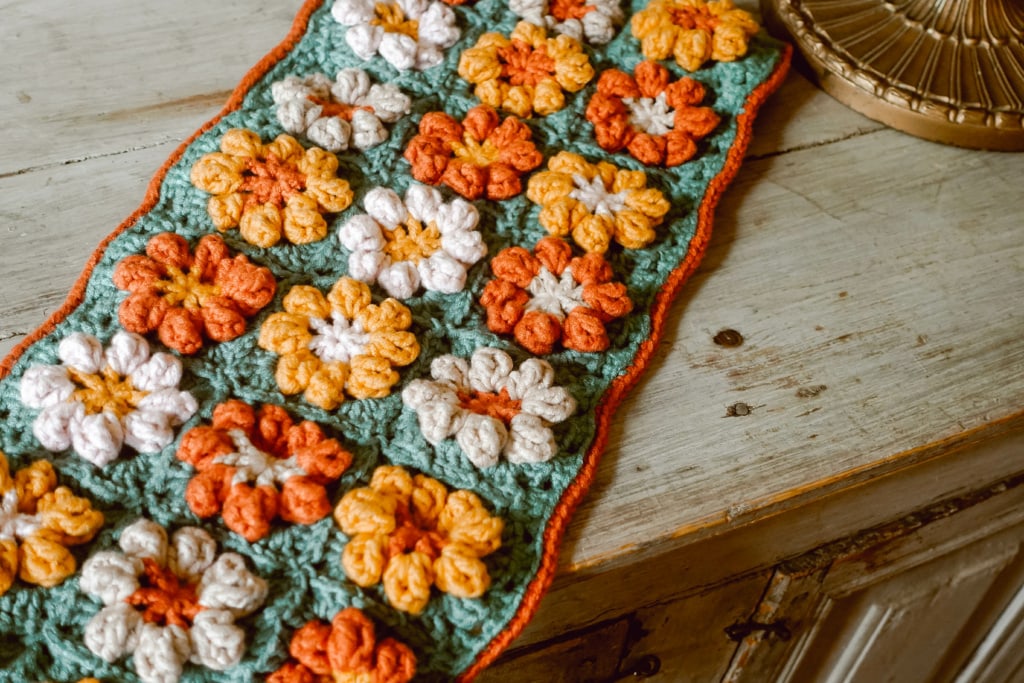 Fall Floral Crochet Granny Square Table Runner